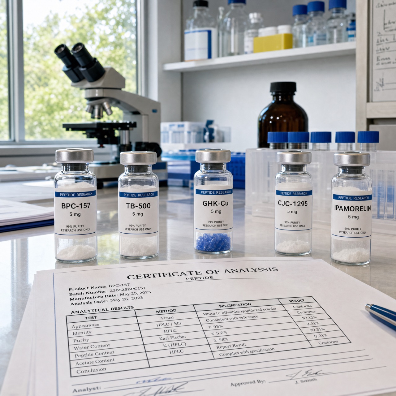 Axis Research peptide vials with batch-linked documentation on a laboratory surface